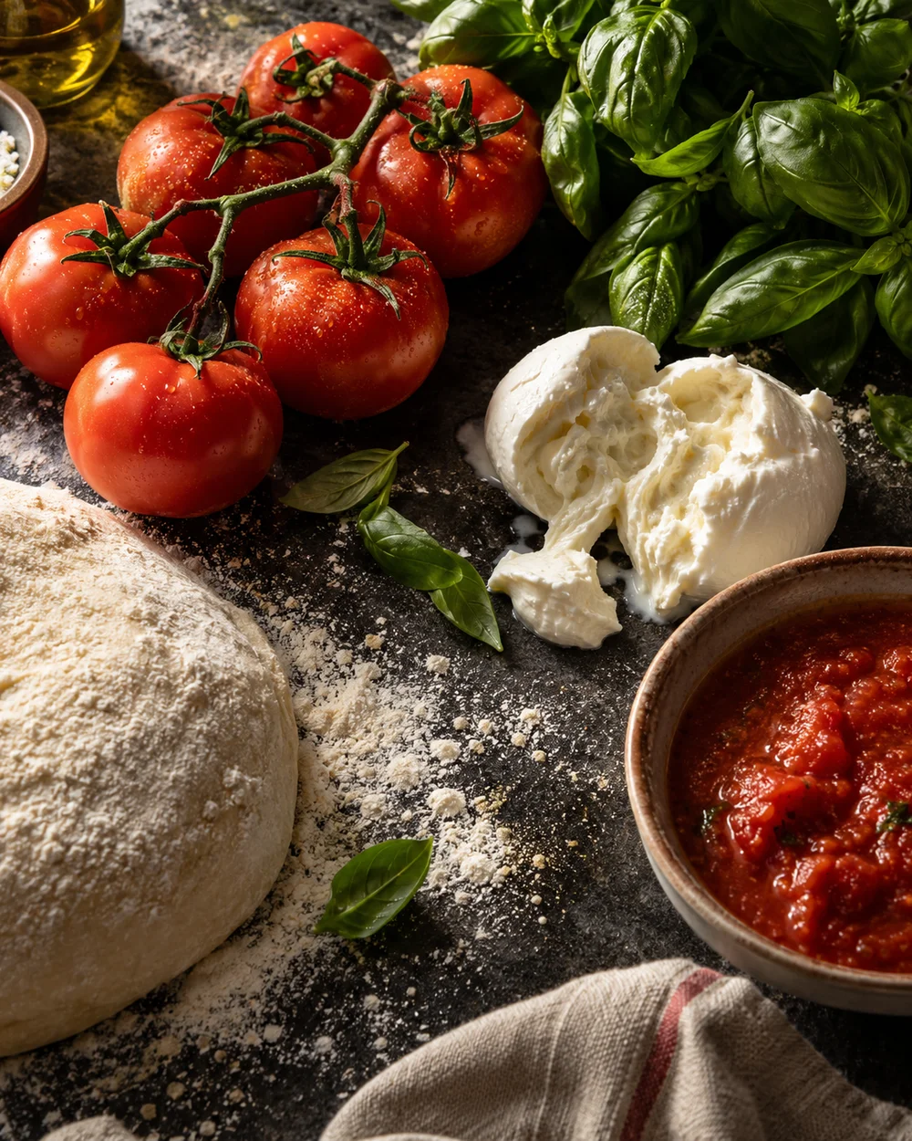 Composição de tomates, folhas de manjericão, muçarela e massa de pizza em bancada de cozinha